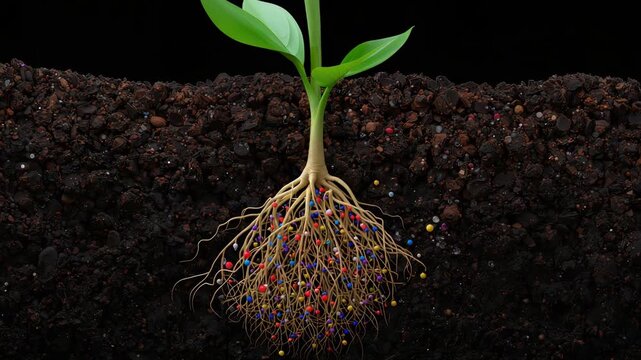 Young green seedling growing in dark fertile soil with exposed root system, colorful microbes, nutrient activity and agricultural biology detail