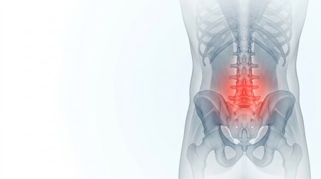 Lumbar spine pain highlighted in red on a skeletal human torso illustration