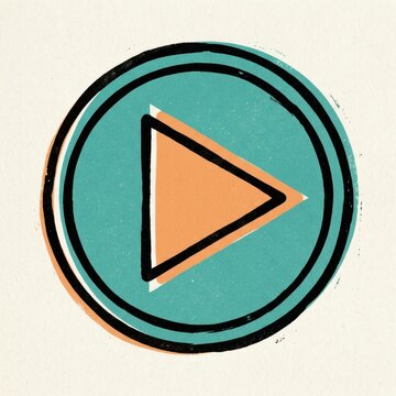 A play button graphic featuring a triangle pointing right inside a circular design.