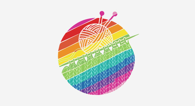 Colorful knitting yarn, needles, and fabric pattern