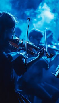 Orchestral Performance Under Azure Lights, Symphony Vibrance and Energetic Melodies Unite