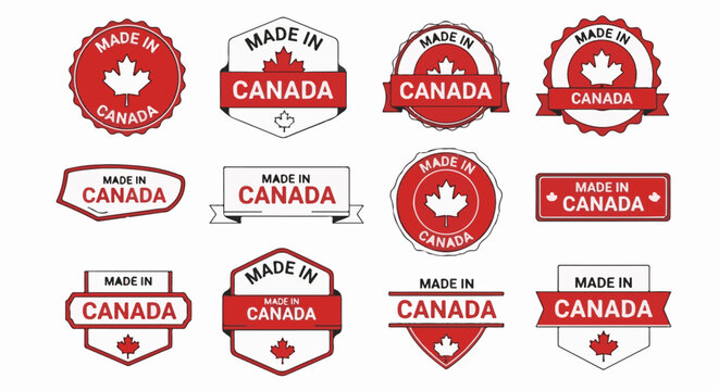 Collection of varied red and white origin labels featuring maple leaves