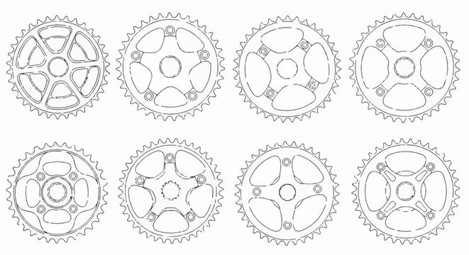 Collection of eight different bicycle chainrings with varying hole patterns