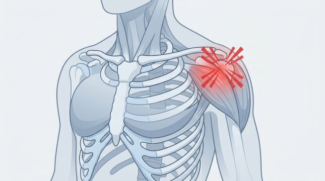 Illustration of shoulder pain and inflammation highlighting the deltoid muscle and rotator cuff