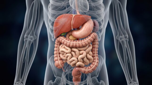 Detailed 3D illustration of the human digestive system and internal organs