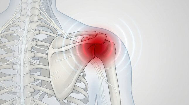 Illustration of a painful shoulder joint with radiating pain signals and nerves