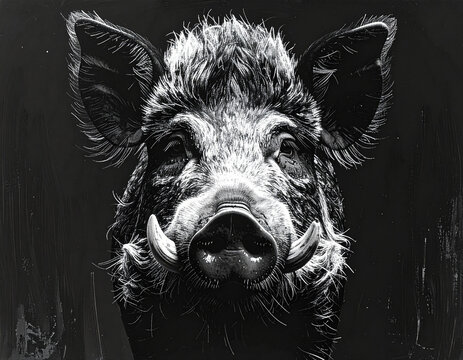 Black and white close-up portrait of a wild boar head