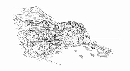Naklejka premium Cliffside village overlooking a harbor with boats in a sketched style