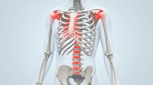 Human skeletal system highlighting areas of pain and inflammation