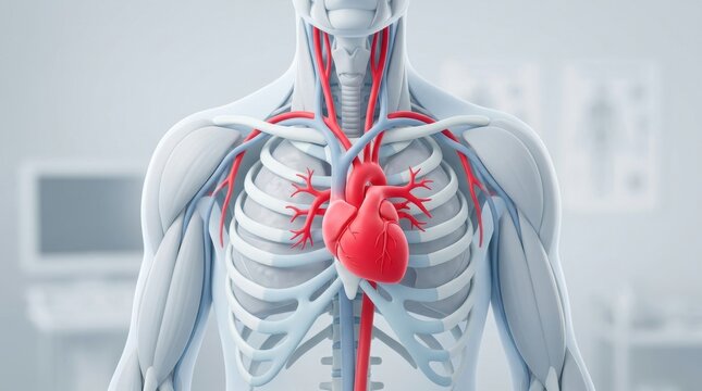 Detailed 3D illustration of the human circulatory system and heart within the rib cage