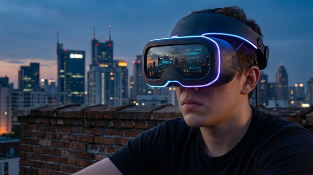 Tech Enthusiast Wearing Futuristic Visor On Urban Rooftop Cyberpunk Inspired Portraiture