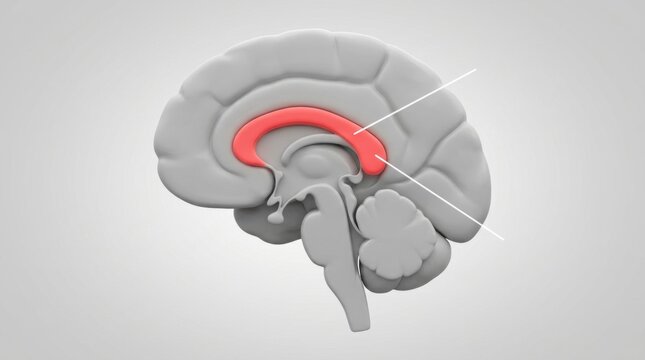 Sagittal view of the human brain highlighting the corpus callosum in red