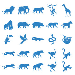 Fototapeta premium Blue silhouette icons of various animals and jungle creatures