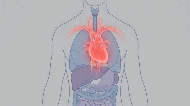 Illustration of the human circulatory system with a highlighted red heart and lungs