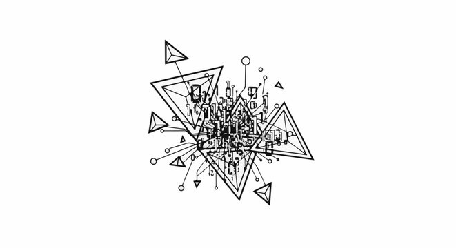 Complex geometric abstract design with triangles, circuits, and binary code elements