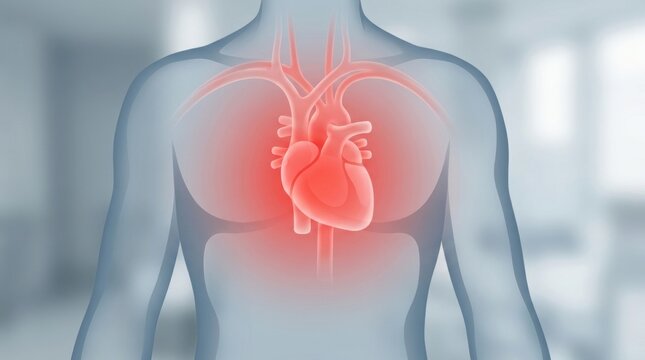 Anatomical illustration of a human heart with glowing red arteries and veins