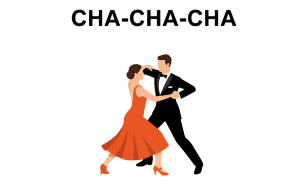Cha-cha-cha dance couple performing ballroom routine on white