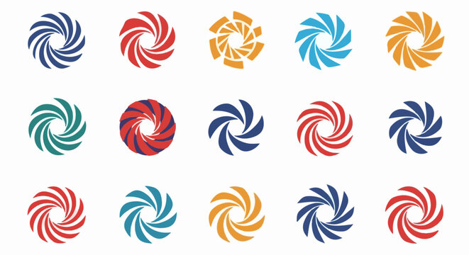 Collection of abstract swirling circular logos in various colors and styles