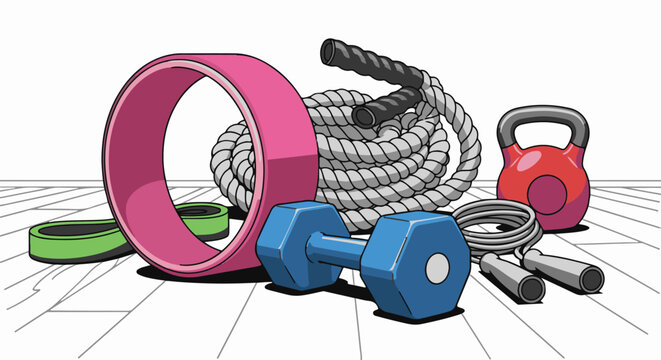 Colorful fitness equipment including a jump rope, dumbbell, kettlebell, and bands