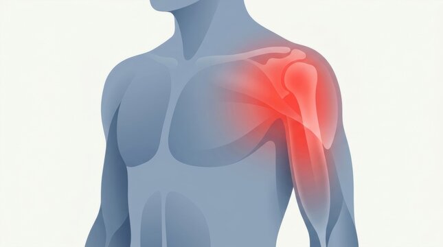 Illustration of a human shoulder with highlighted pain and inflammation in red