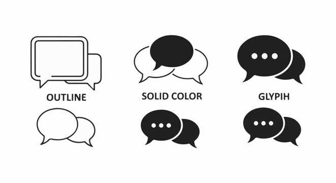 Collection of speech bubble icons in outline, solid, and glyph styles