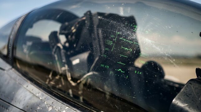 Close up view of a modern fighter jet cockpit and ejection seat.