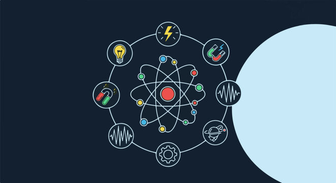 Circular diagram of atomic structure with science icons