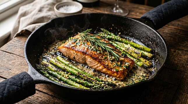 Sizzling thick fresh salmon fillet cooks in a heavy black cast iron skillet basted with rich melted garlic butter and green rosemary.