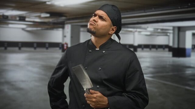 Hispanic man chef in black uniform holding cleaver, hand on chin, in parking garage; thoughtful pondering.