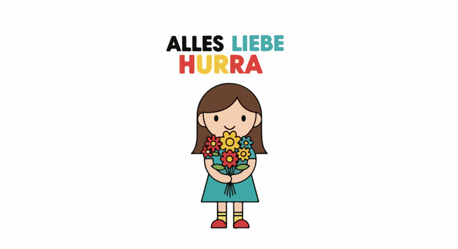 Cheerful cartoon child holds a bouquet of vibrant flowers, text reads "Alles Liebe Hurra