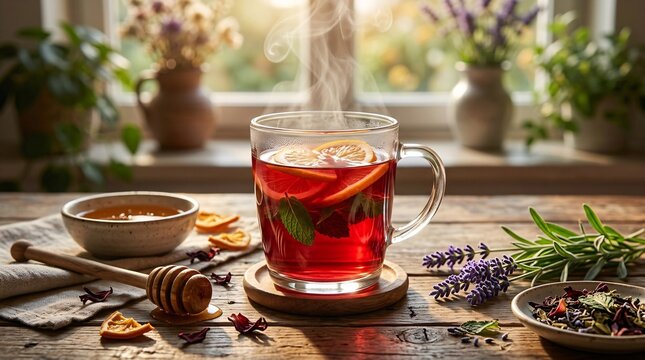 Steaming glass mug filled with vibrant ruby red hibiscus herbal tea features floating fresh orange slices and submerged green mint leaves.