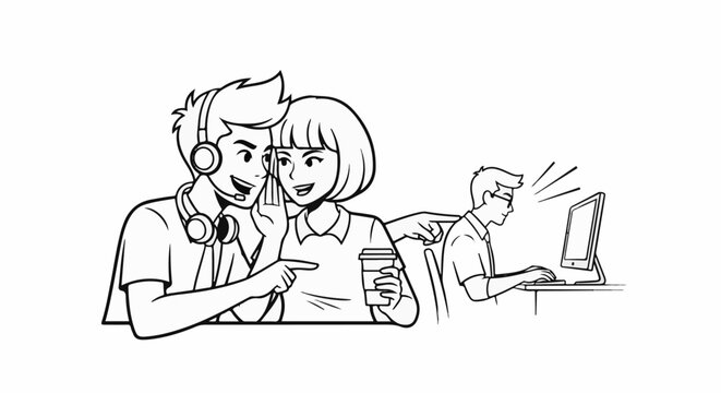 Coworkers gossiping about colleague engrossed in computer work