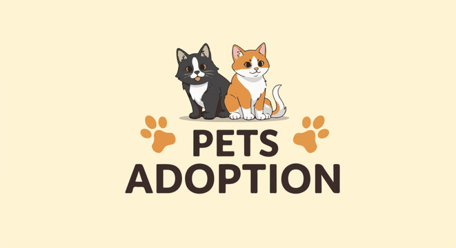 Cute cartoon cats sit above "Pets Adoption" text with paw prints