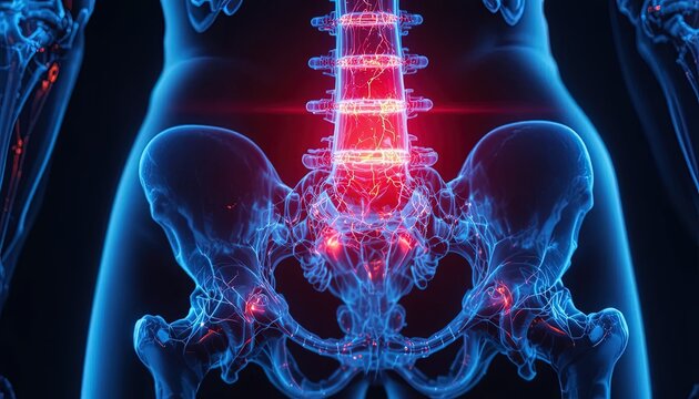 3D Rendering of Lower Back and Pelvis Anatomy with Pain Points Highlighted in Red, Useful for Medical Presentations