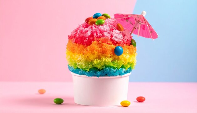 "Rainbow shaved ice with umbrella"