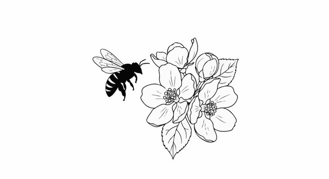 A black silhouette bee hovers near delicate white flowers with detailed outlines