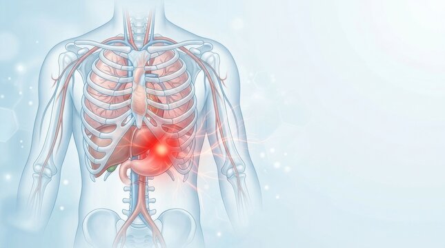 Illustration of human torso showing internal organs with highlighted stomach pain