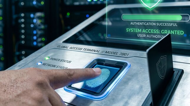 Fingerprint biometric authentication for secure server room access control.