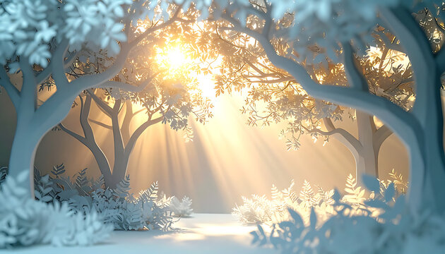 Sunlight streaming through stylized winter trees and bushes, creating a serene, ethereal forest pathway with god rays