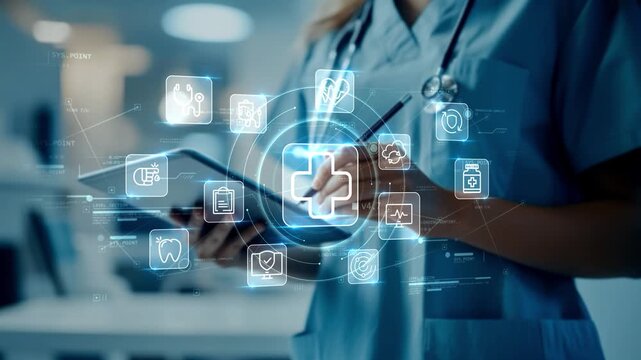 Nurse using tablet with glowing medical and protection icons, illustrating digital healthcare, patient monitoring and modern medical technology