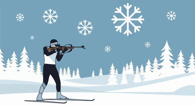 Winter biathlete aims rifle while snow falls amidst pine trees