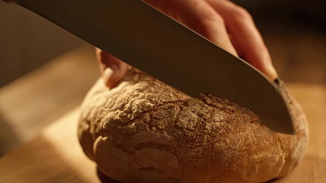 A hand cuts a round loaf of crusty bread with a steel knife while preparing food indoors