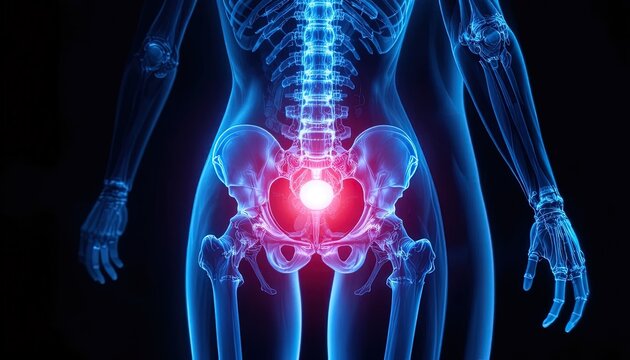 3D Render of Human Skeleton Showing Hip Pain with Red Glow, Medical Visual of Pelvis Bone Structure and Spine Anatomy on Dark Background