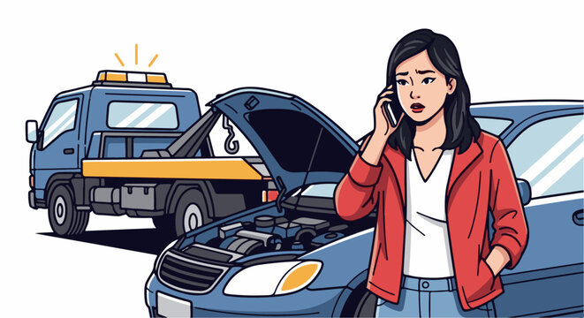 Woman distressed on phone next to broken down car with tow truck