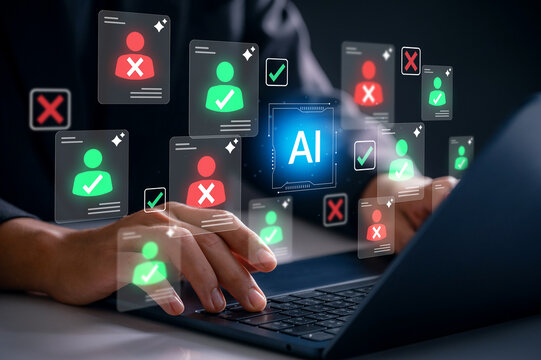 AI recruitment candidate screening automation on laptop with digital interface hiring system resume filtering artificial intelligence hr selection process talent acquisition decision making efficiency