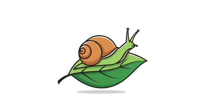 Cute cartoon snail with an orange shell crawls on a green leaf