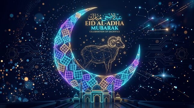 Glowing Eid al-Adha Celebration Background with Ornate Crescent Moon, Majestic Ram, and Intricate Mosque Silhouettes under a Starry Night Sky