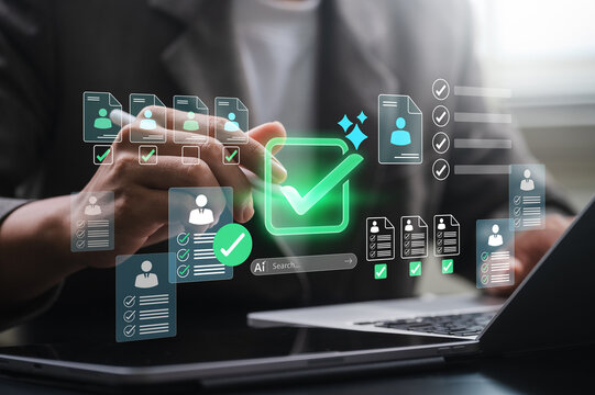 HR AI recruitment candidate screening with resume selection and approval checklist on digital dashboard interface for smart hiring process automation and talent acquisition optimization solution