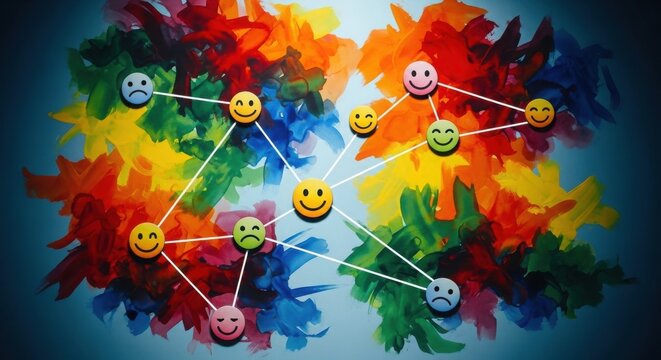 Smiley faces connected in colorful abstract network background