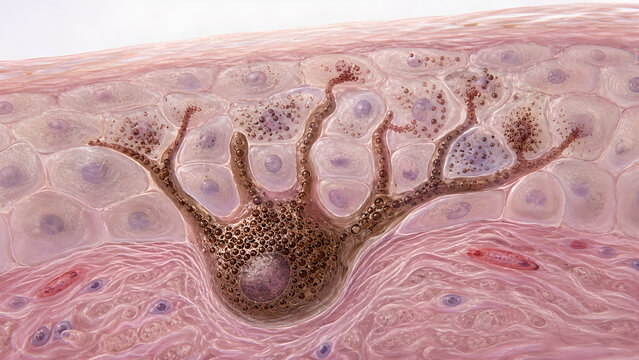 Epidermal basal layer active melanocytes UV stimulation melanosomes pigment transfer hyperpigmentation skin cross-section medical 3D render